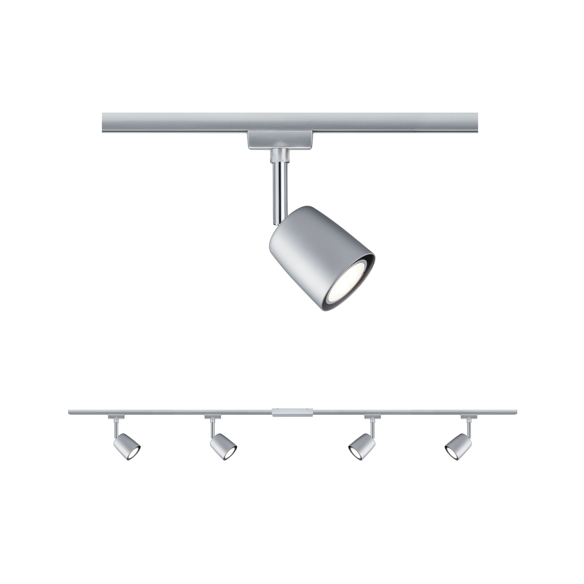 URail Rail spot Cover Basic Set GU10 max. 4x10W dimmable 230V Chrome matt/Chrome Modern silver metal LED track spotlight with four adjustable lamps for living spaces and interiors