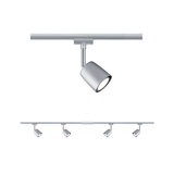 Projecteur LED sur rail en métal argenté avec quatre lampes réglables pour espaces de vie