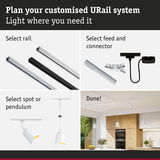 Guide to customize URail lighting system with rail, connector, and white spot or pendant lamps for kitchens