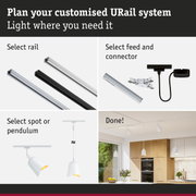 Modular URail track system with black and white aluminium rails for flexible LED lighting setup.