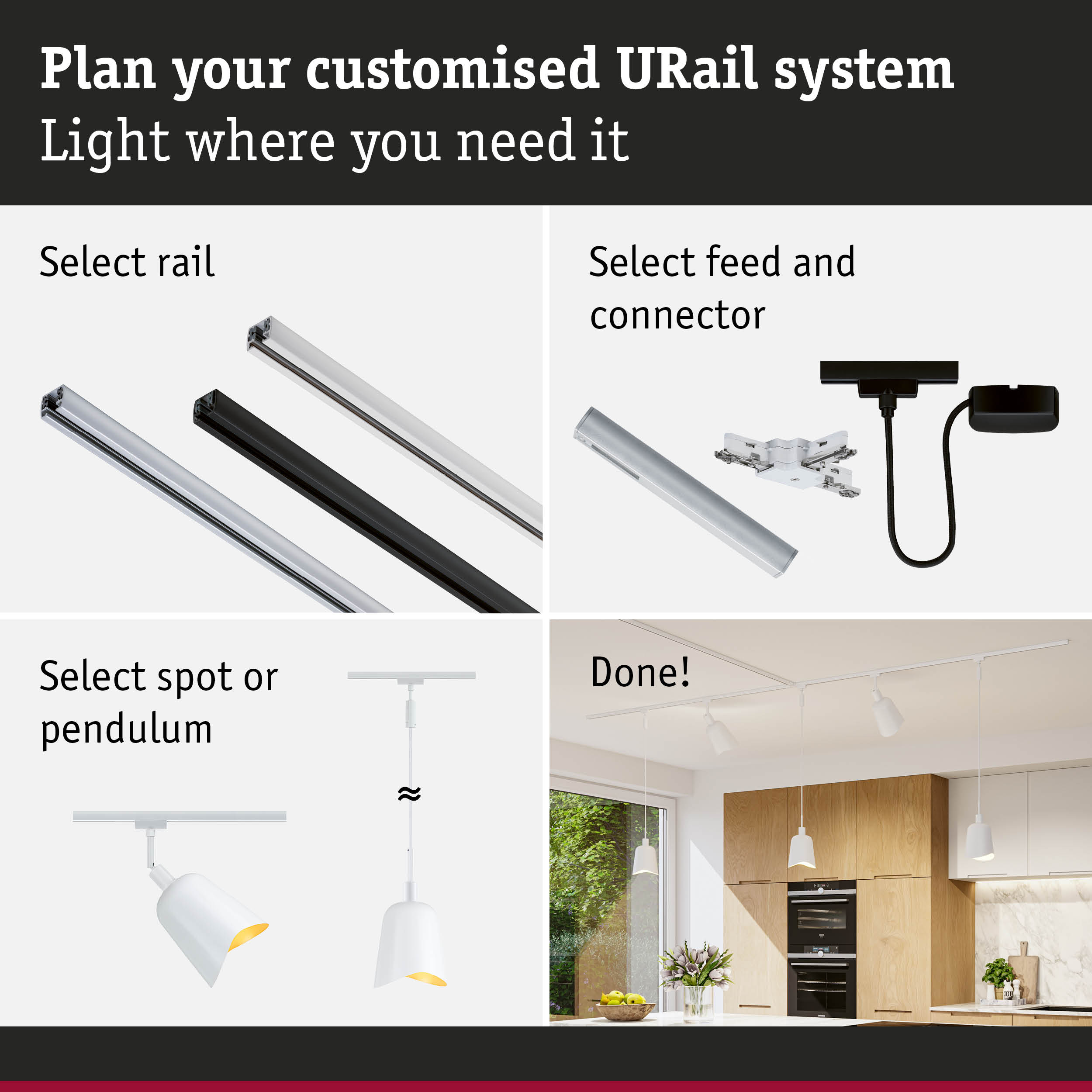 Modular URail track system with black and white aluminium rails for flexible LED lighting setup.