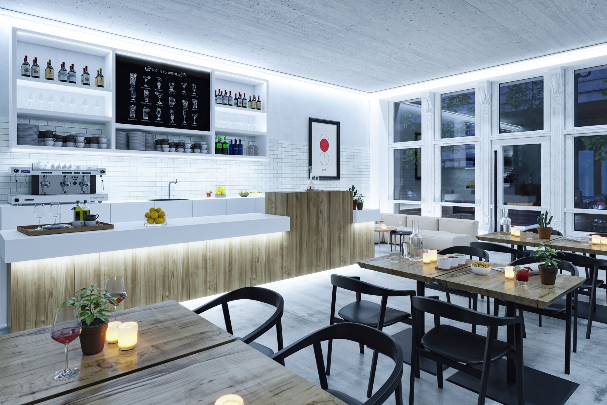 Modernes Café mit Holz- und weißen Elementen, LED-Beleuchtung und stilvollen Sitzbereichen für Gäste.