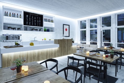 Modern café interior with wood and white elements, LED lighting, and stylish seating areas for guests.