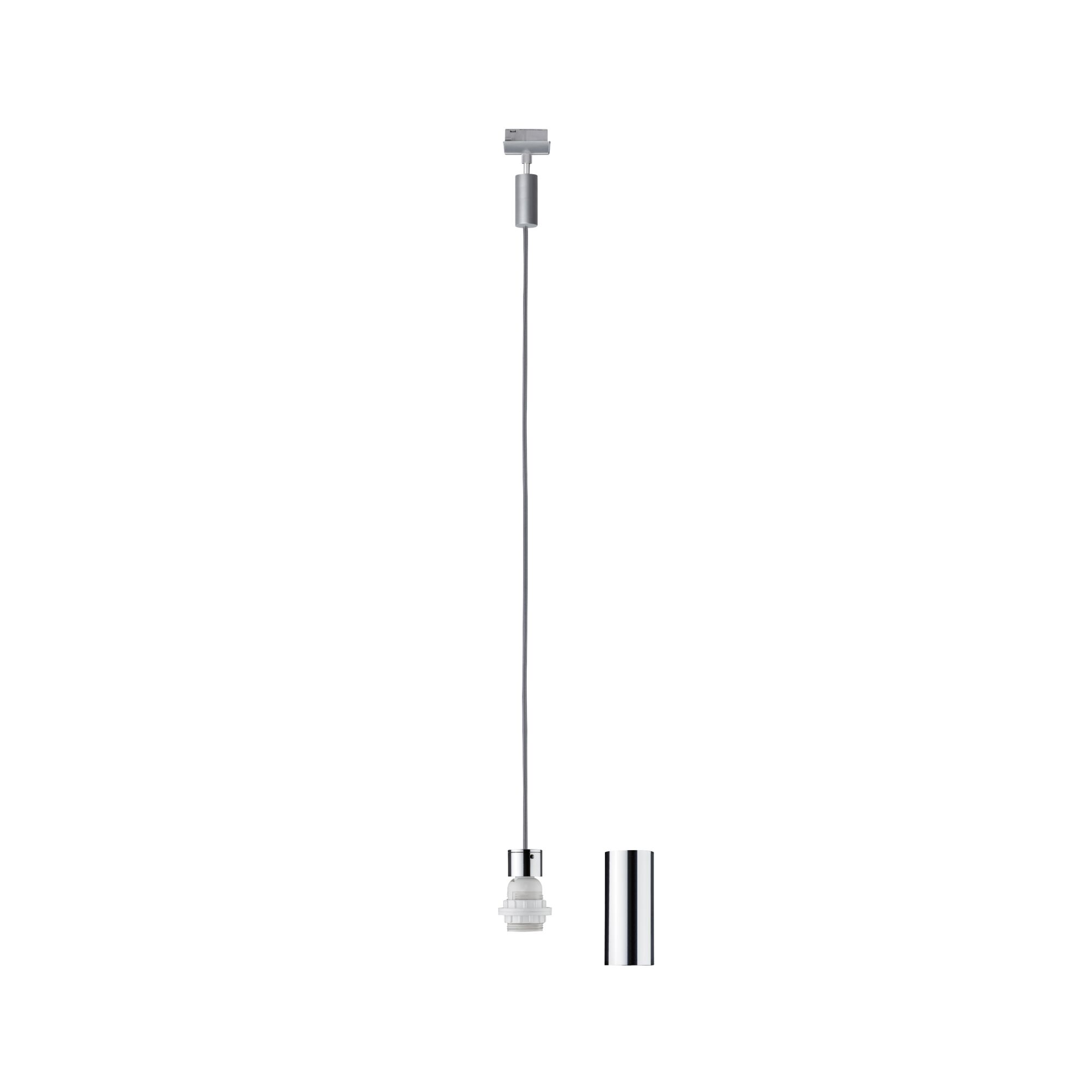 Modern pendant light connector with silver metal cylinder and grey cable for LED lighting setup