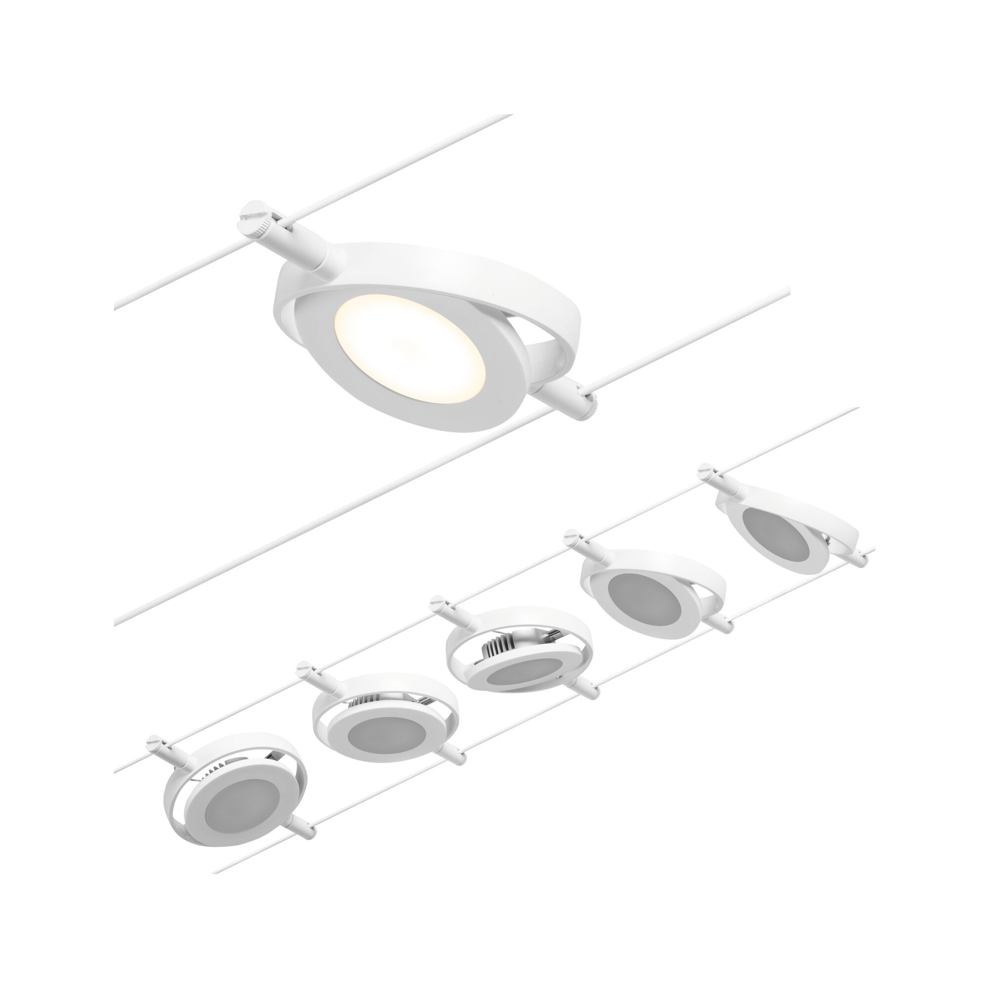CorDuo LED-wiresystem RoundMac Basissæt 5x200lm 5x4,5W 3000K 230/12V Hvid/Krom Hvid LED-kabelspot med rundt design og dæmpbar lyskilde til moderne belysningssystemer