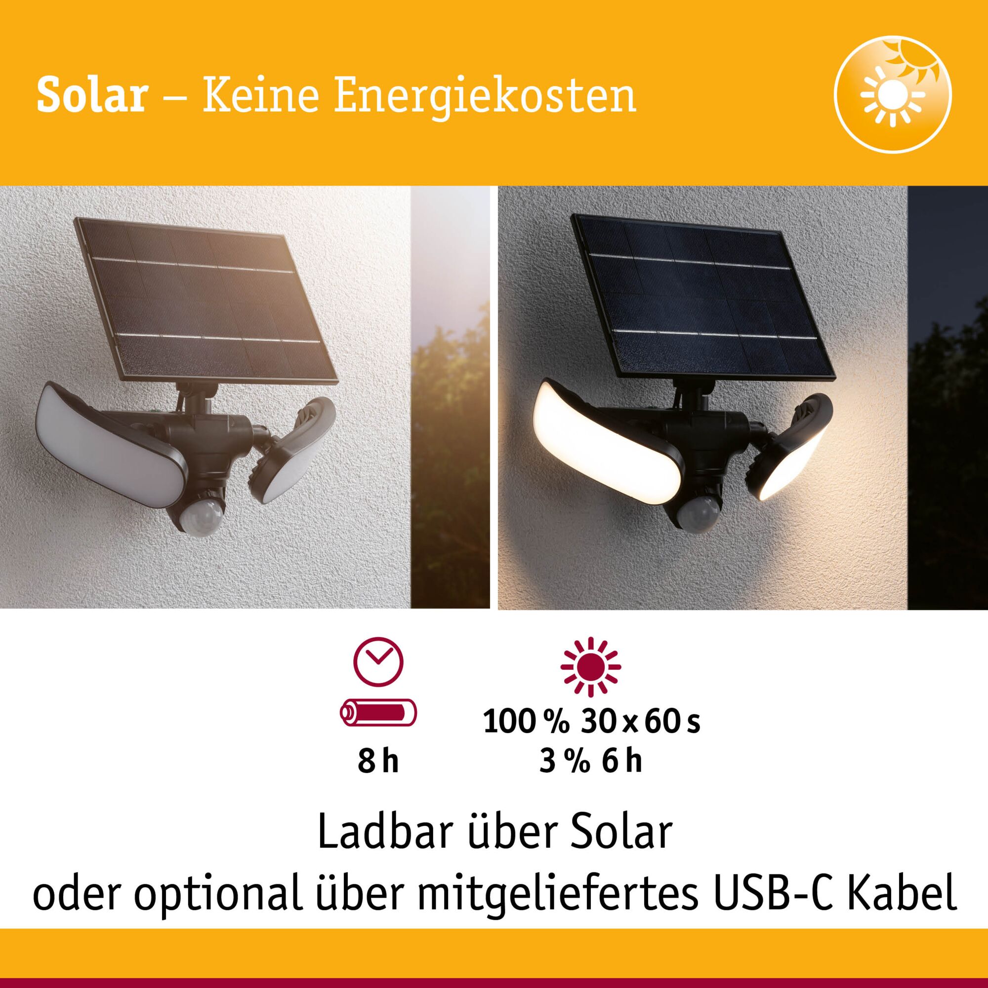 Schwarze Solarleuchte mit drei weißen LED-Lichtflächen an weißer Wand, energiesparende Außenbeleuchtung