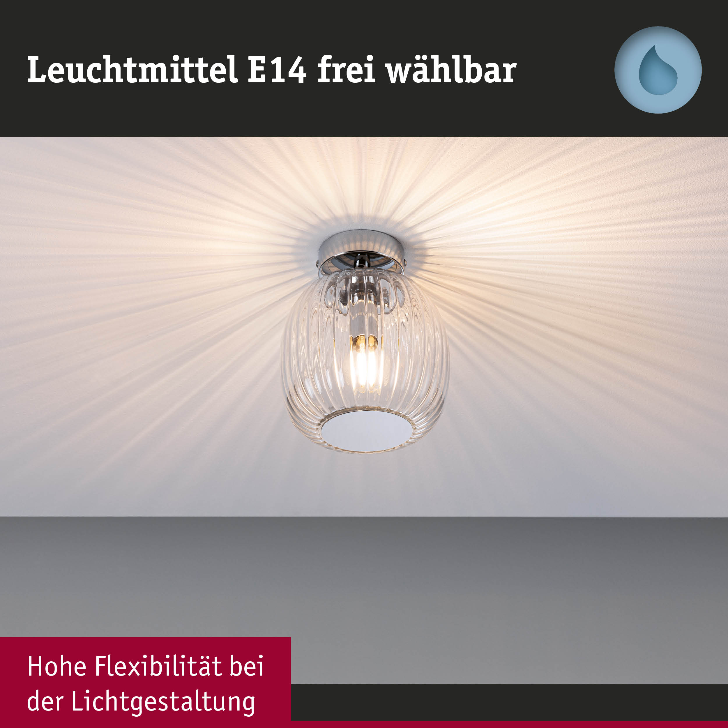 Deckenleuchte mit klarem Glas und E14 Fassung, erzeugt dekorative Lichtmuster an der weißen Decke