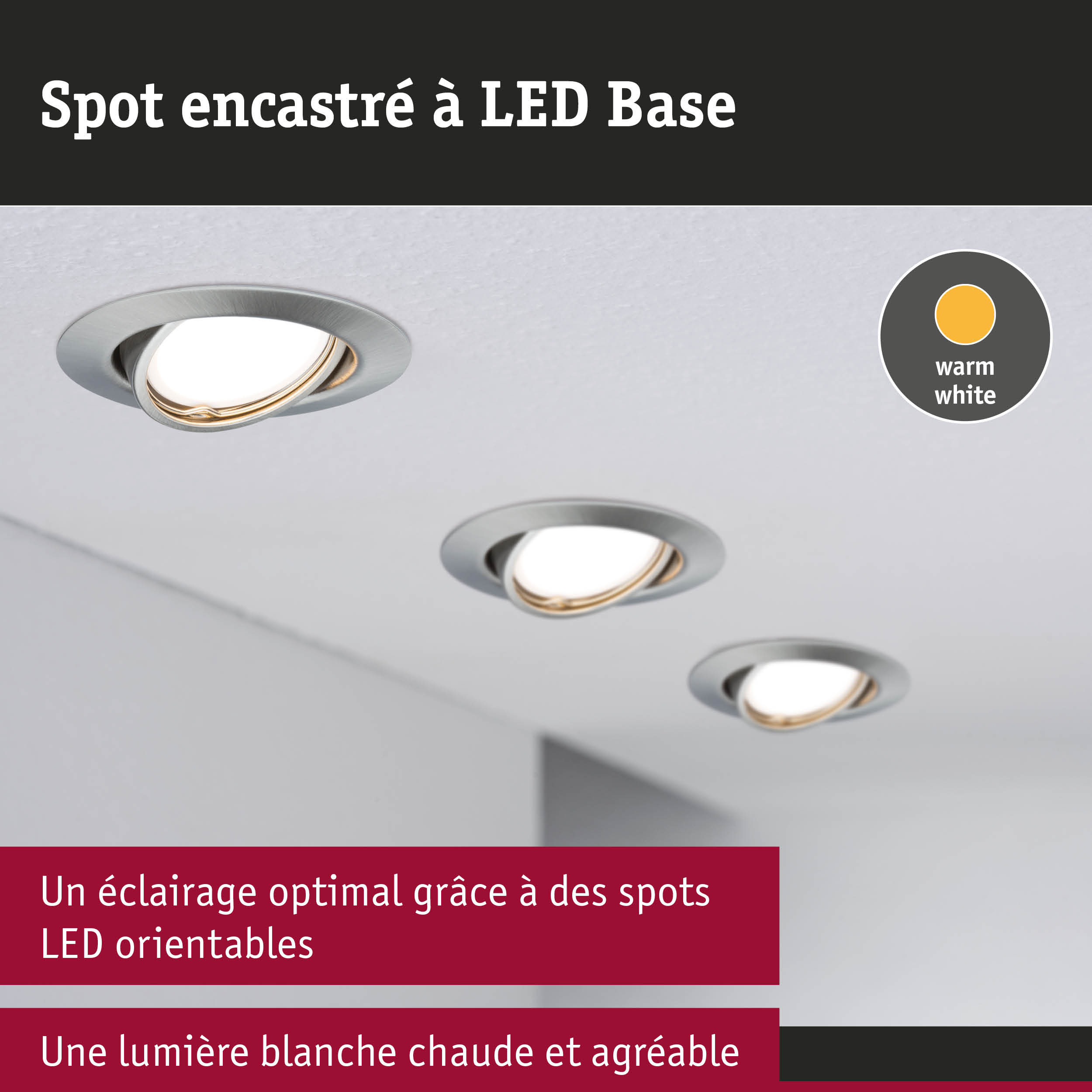Spot encastré LED en aluminium brossé avec lumière blanc chaud pour éclairage de plafond orientable
