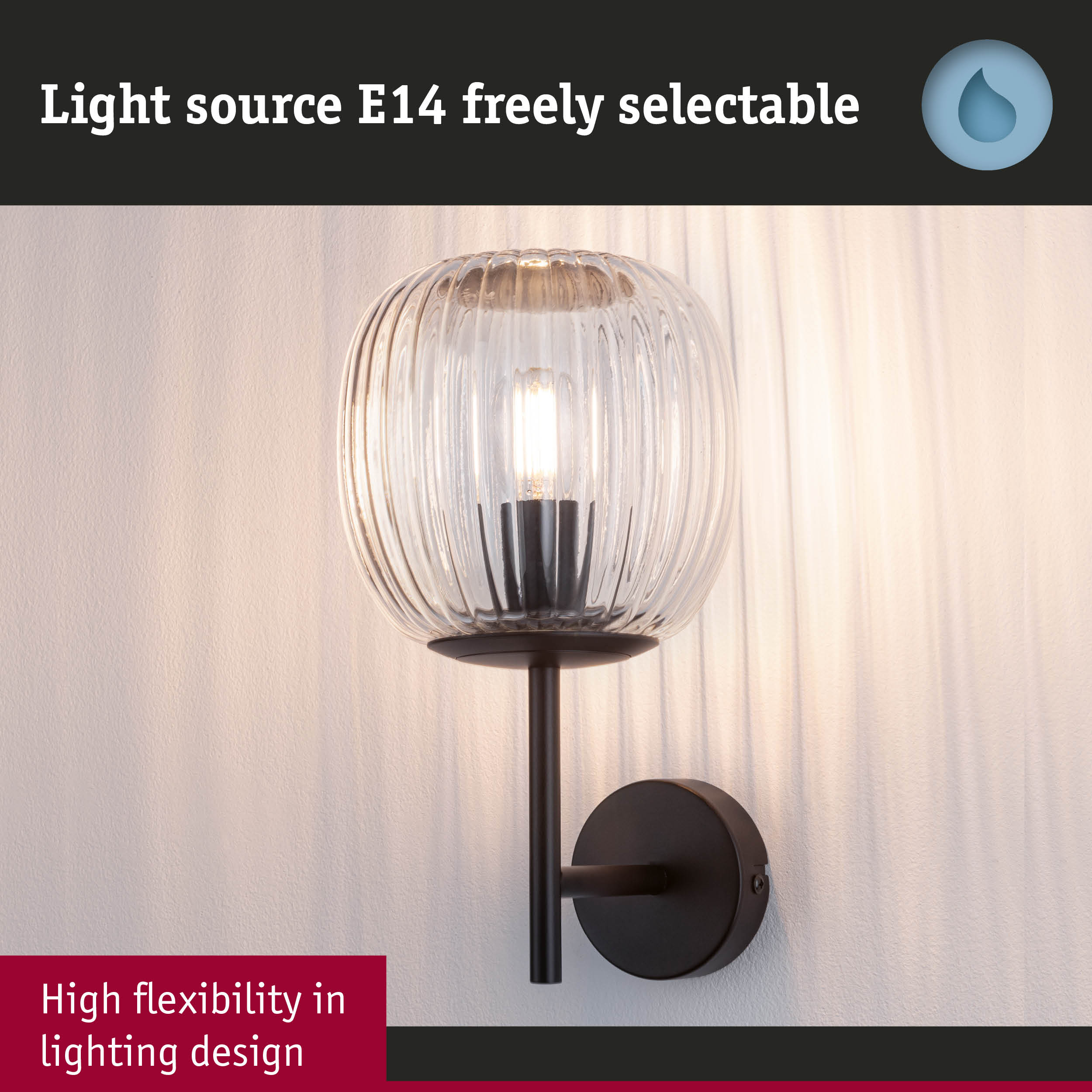 Wall lamp with ribbed clear glass and black metal arm offering flexible lighting design