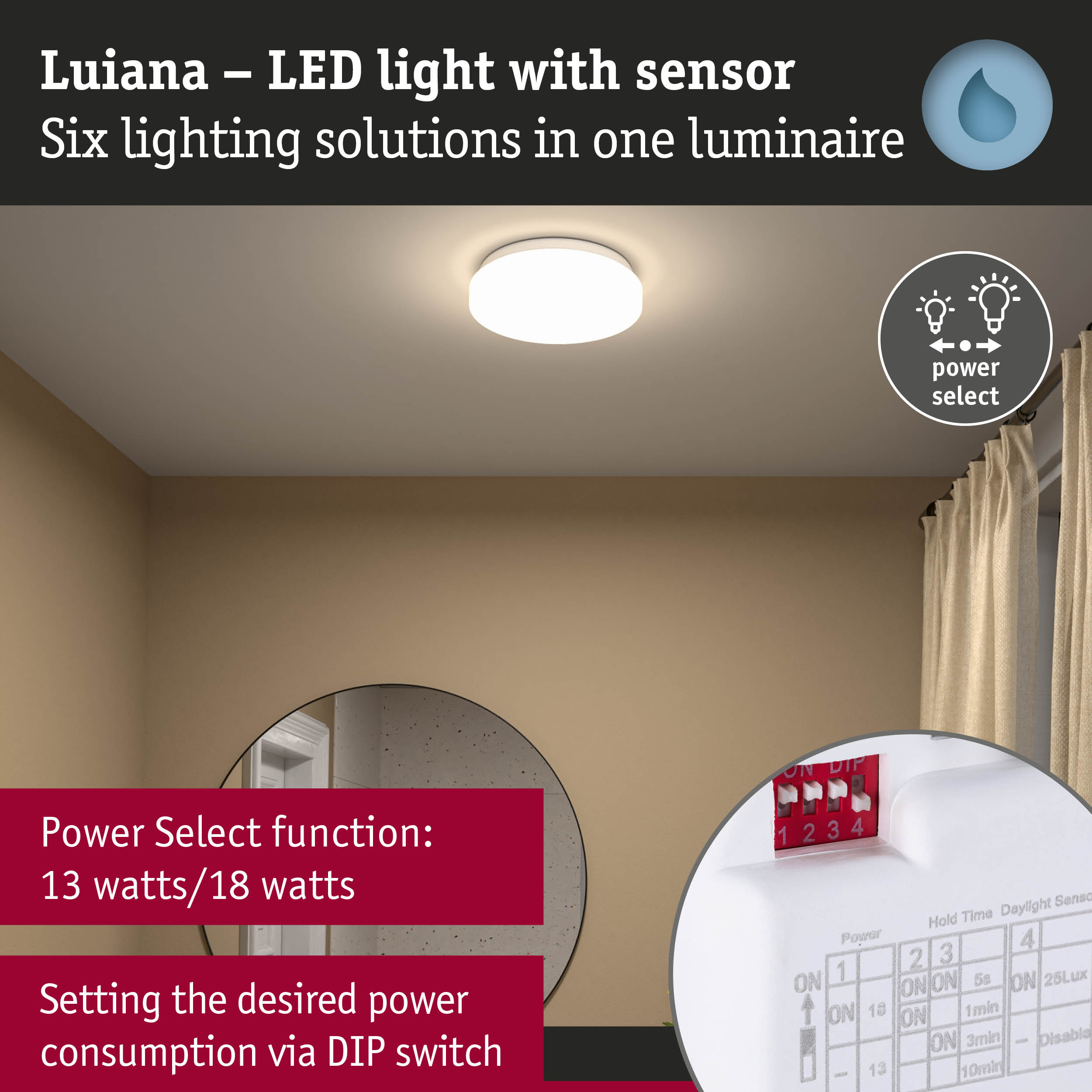 White Luiana LED ceiling light with sensor and Power Select for energy-efficient lighting