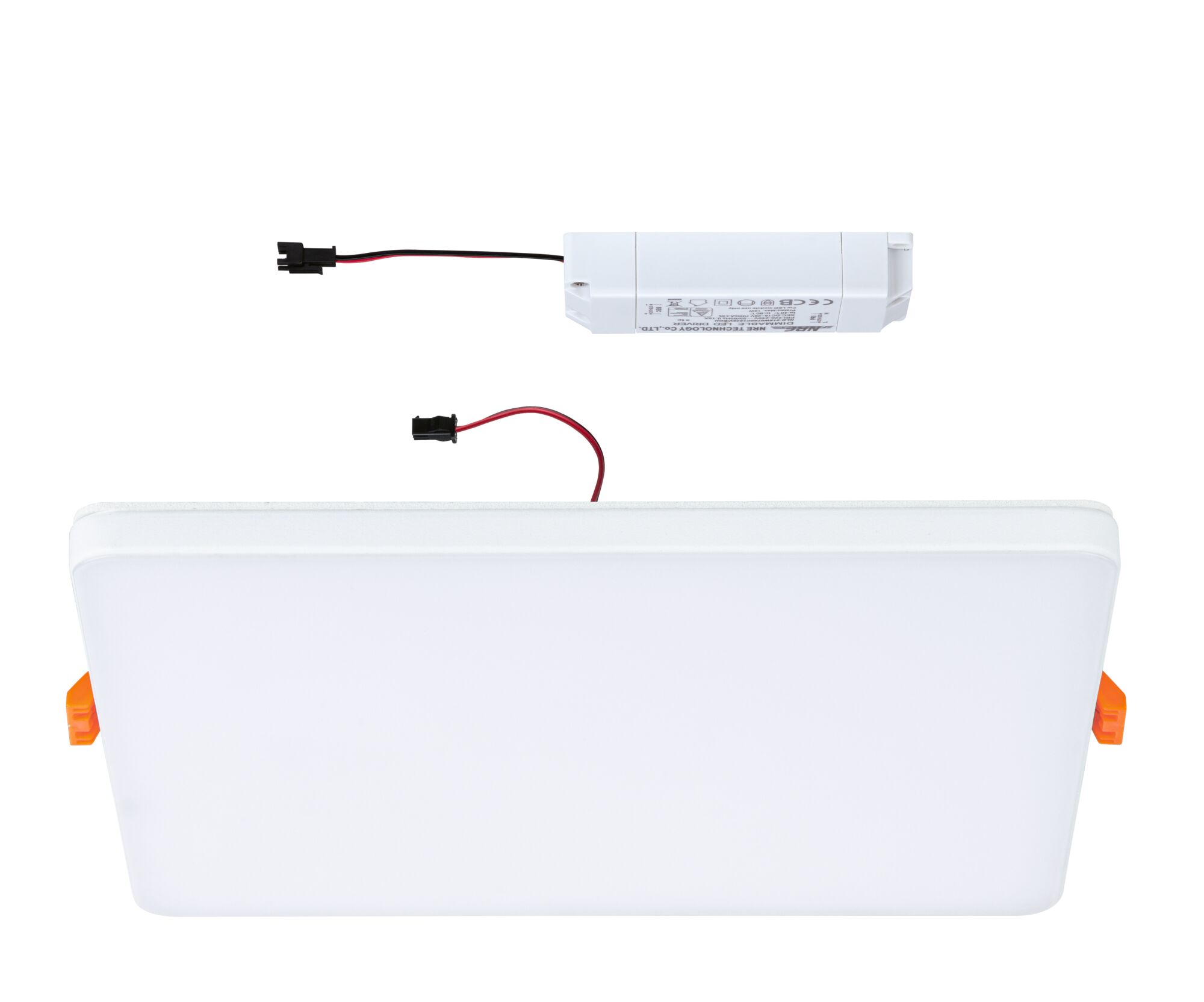 White LED panel with integrated driver and cable for energy-efficient ceiling lighting