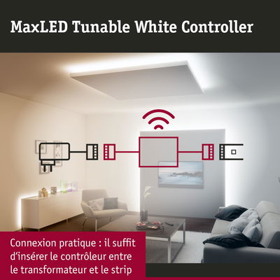 Contrôleur MaxLED Tunable White pour bandes LED avec connexion simple entre transformateur et bande dans un salon