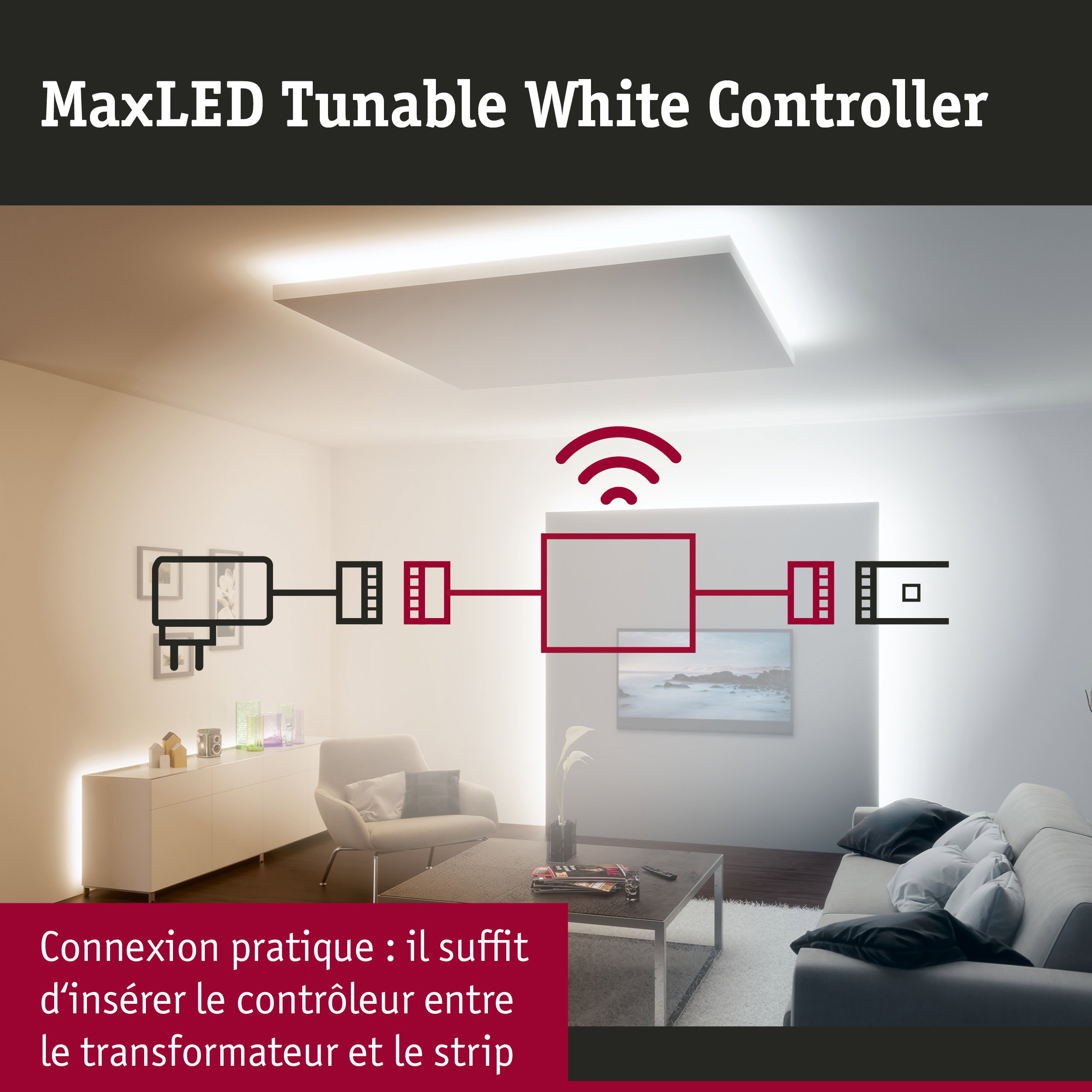 Salon moderne avec éclairage de plafond blanc et contrôleur MaxLED Tunable White pour gestion LED