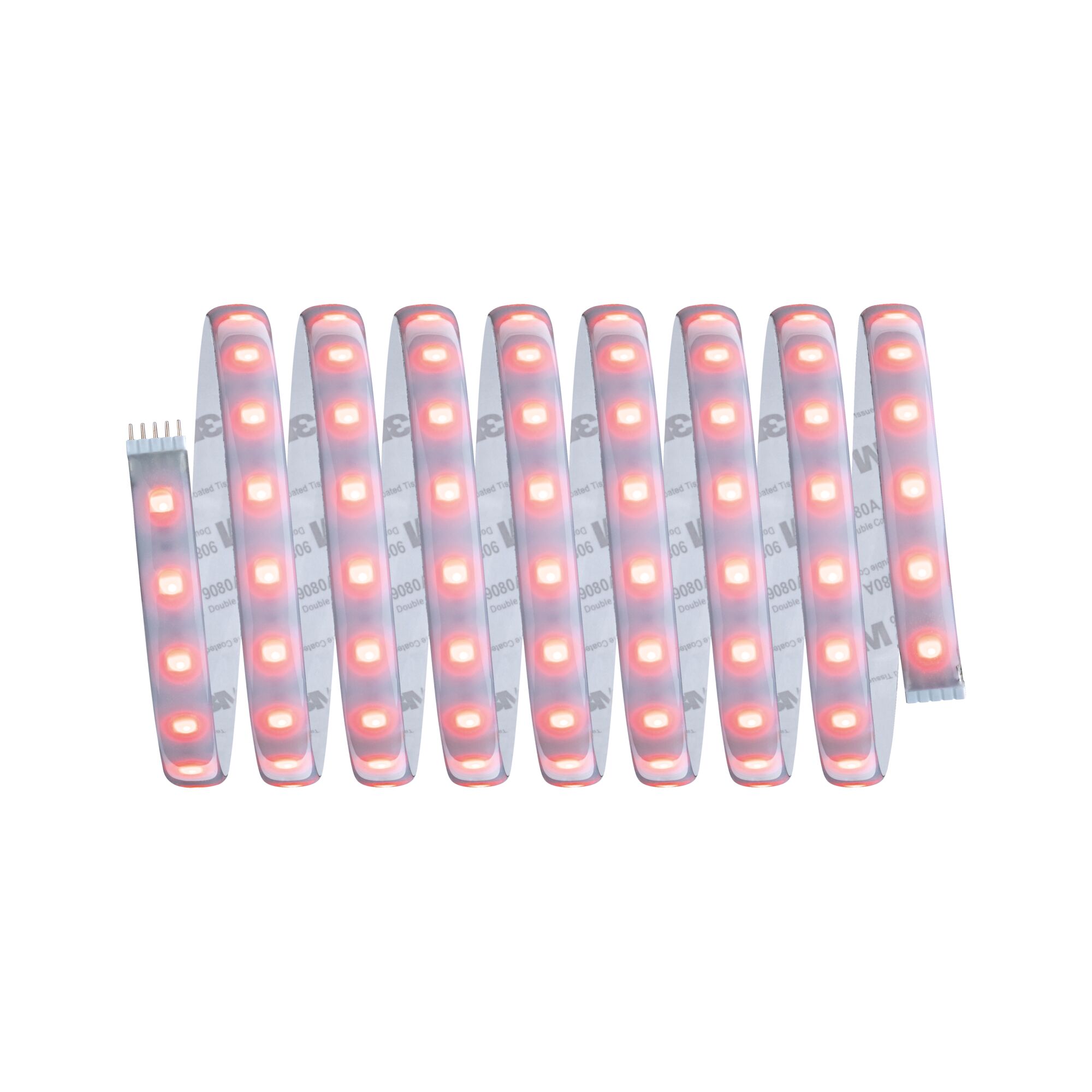 Flexible LED strip light with red LEDs and adhesive backing for versatile lighting solutions.