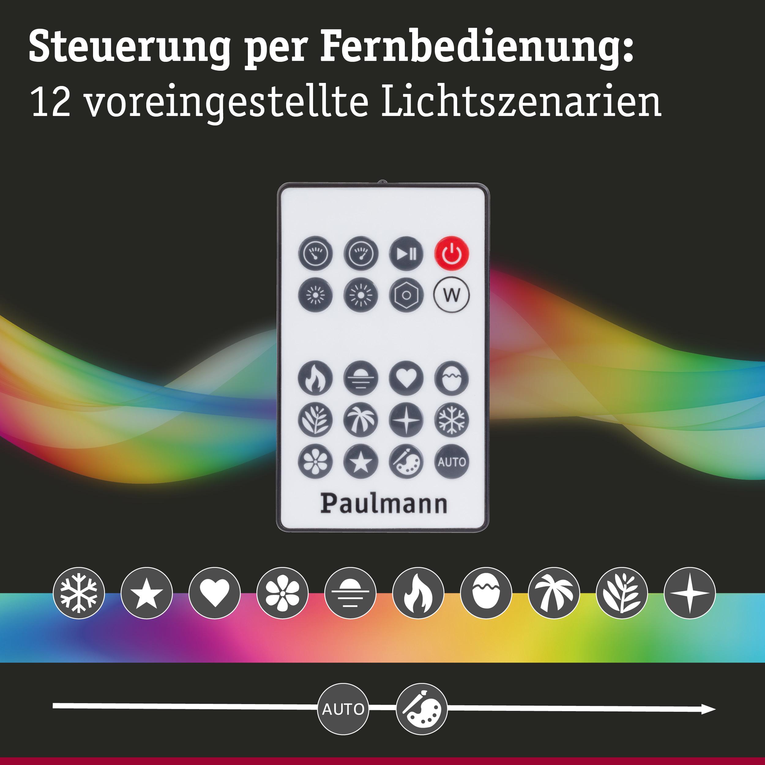 Weiße Fernbedienung mit Symbolen für 12 voreingestellte Lichtszenarien und Steuerung von LED-Beleuchtung