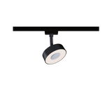 Black round LED spotlight on track system for modern indoor lighting solutions