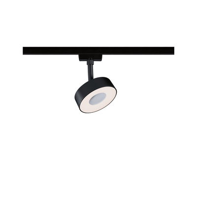 Black round LED spotlight on track system for modern indoor lighting solutions