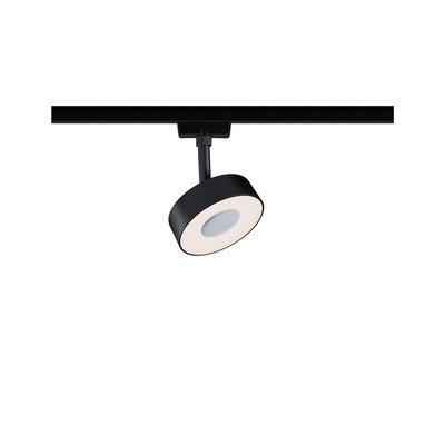 Black round LED spotlight on track system for modern indoor lighting solutions