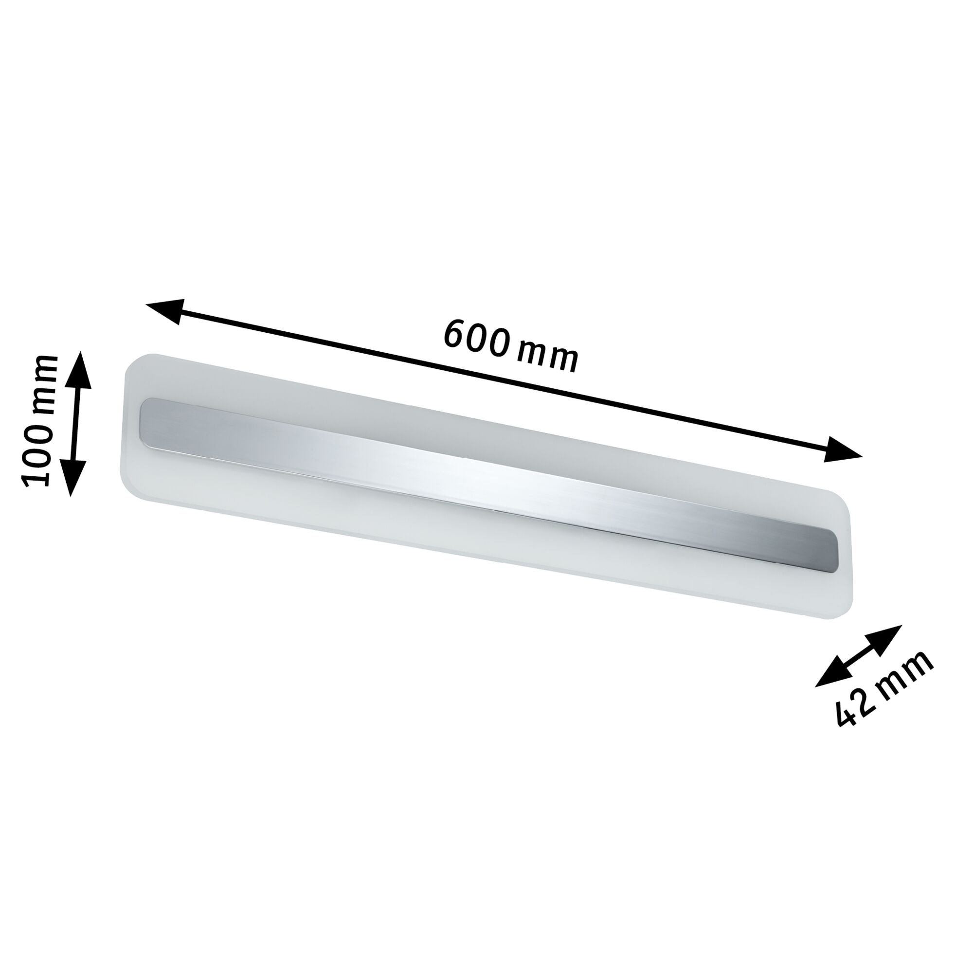 Modern LED wall light in white plastic with aluminum accent, dimensions 600x100x42 mm