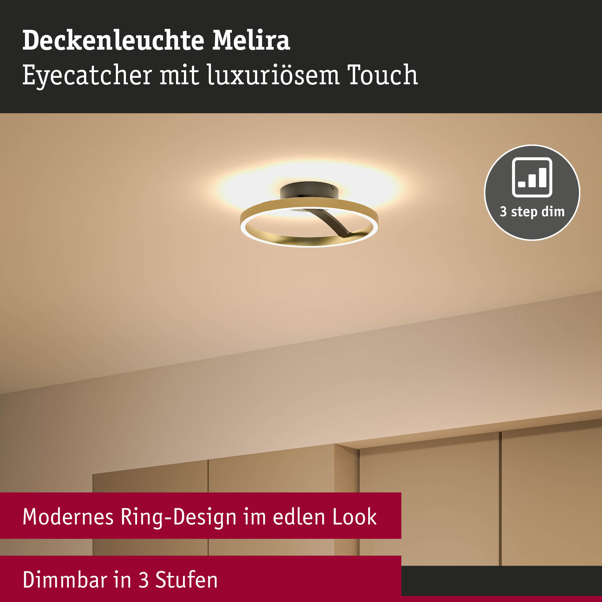 Deckenleuchte Melira in modernem goldfarbenem Ring-Design mit dimmbarer LED-Beleuchtung in 3 Stufen