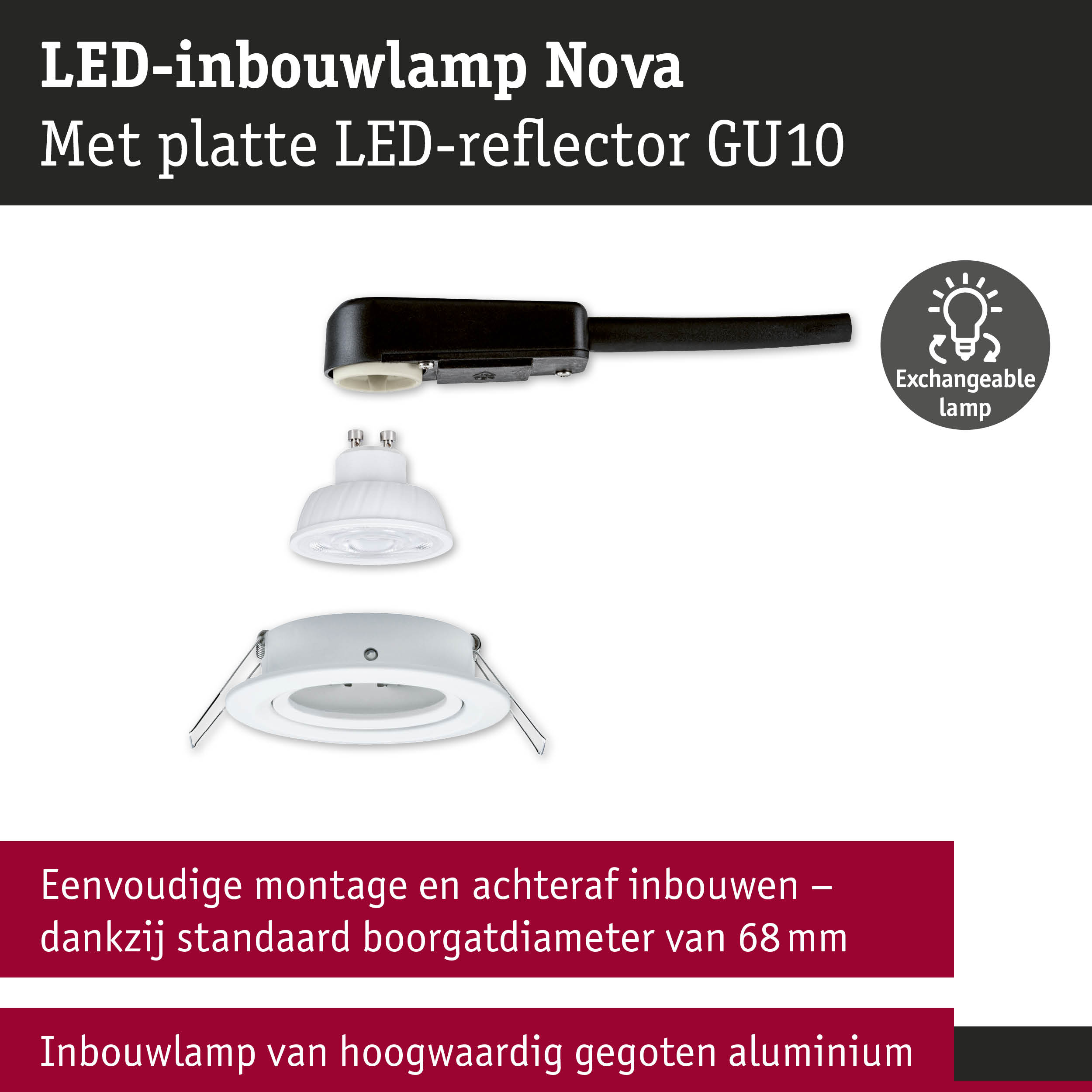 LED-inbouwlamp Nova van wit aluminium met GU10 LED-reflector en verwisselbare lamp
