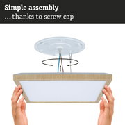 Simple assembly of square ceiling light with wooden frame and screw cap for quick installation
