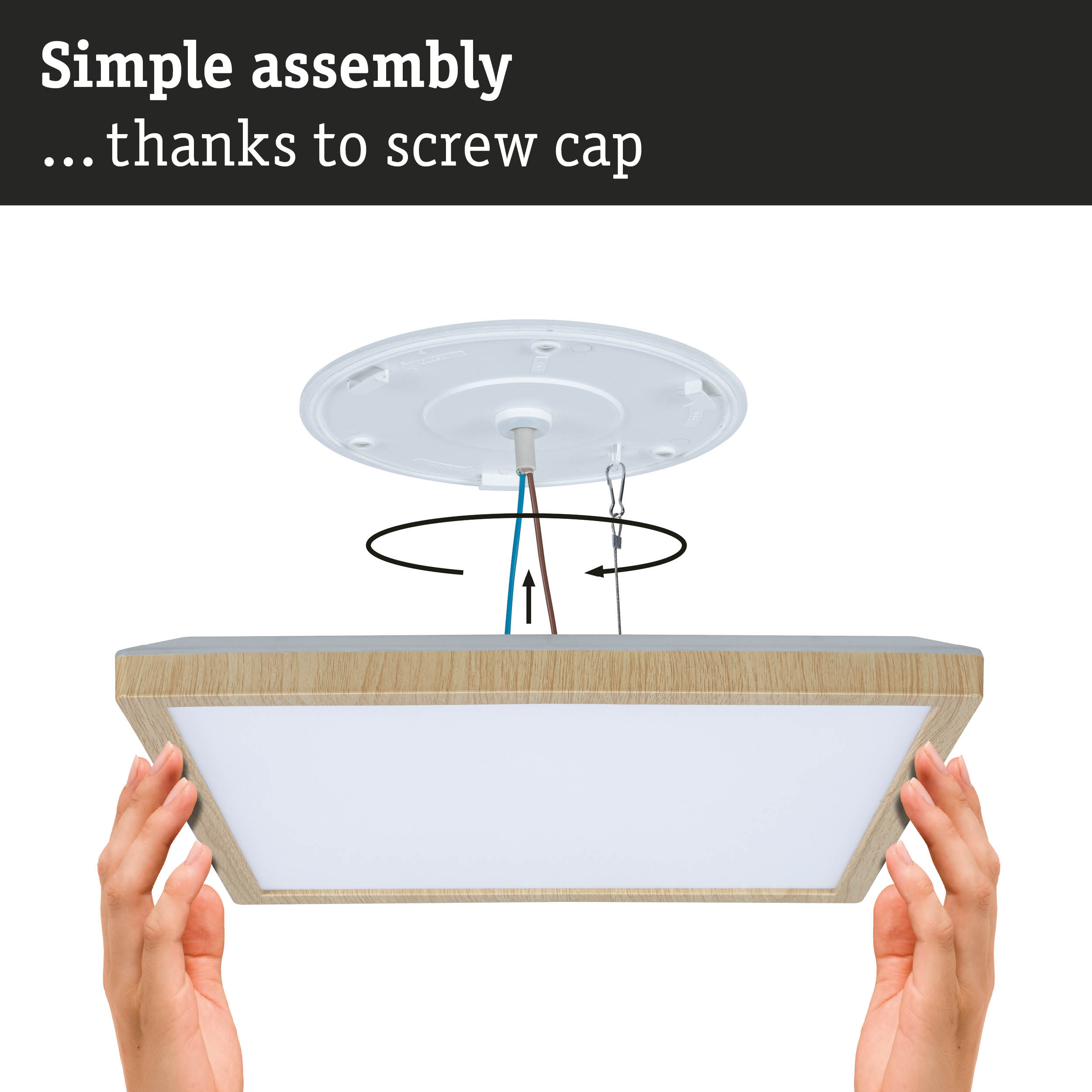 Simple assembly of square ceiling light with wooden frame and screw cap for quick installation