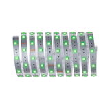 Flexible LED strip with green LEDs on silver circuit board for modern lighting effects.
