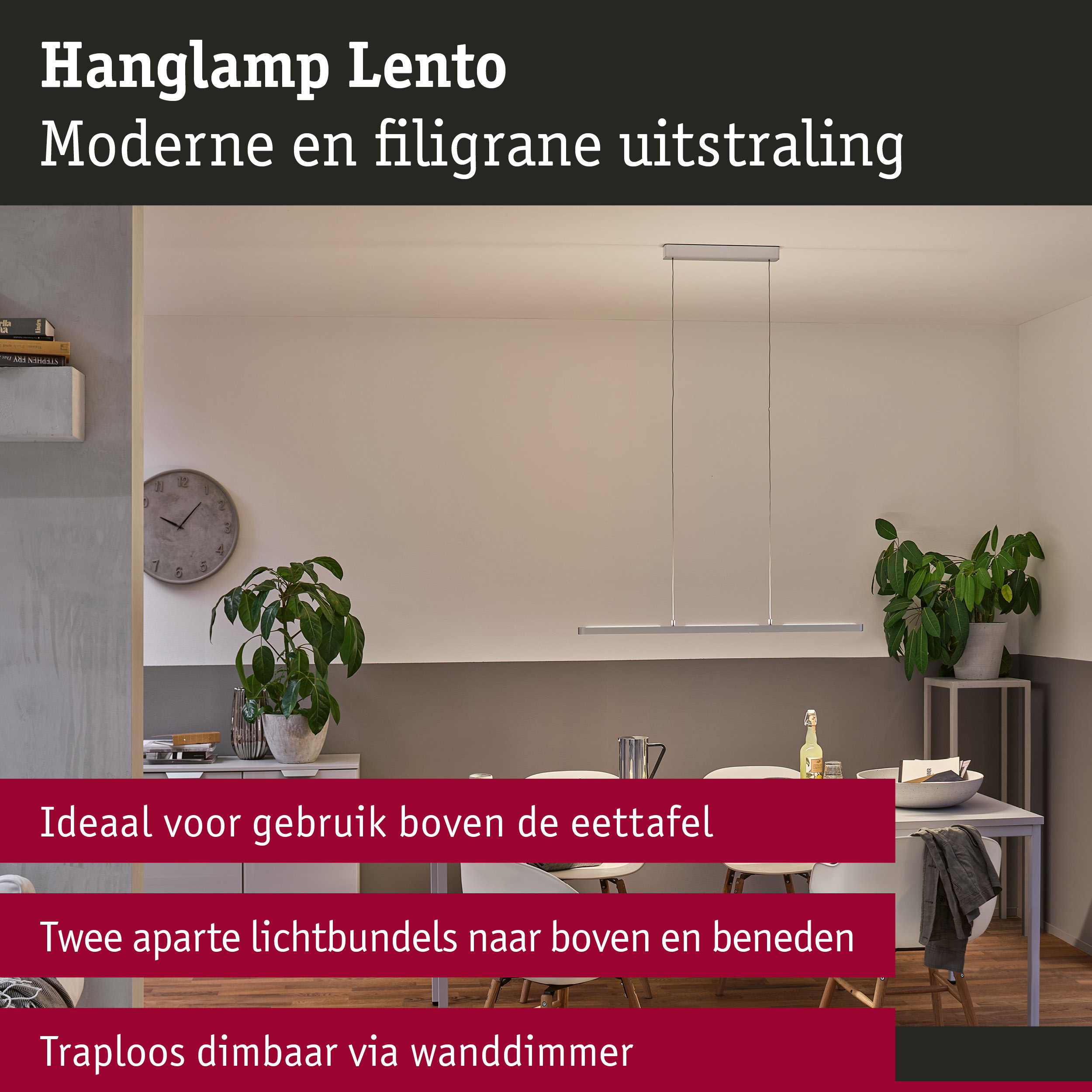 Moderne hanglamp Lento in zilver met twee lichtbundels, dimbaar, ideaal boven de eettafel