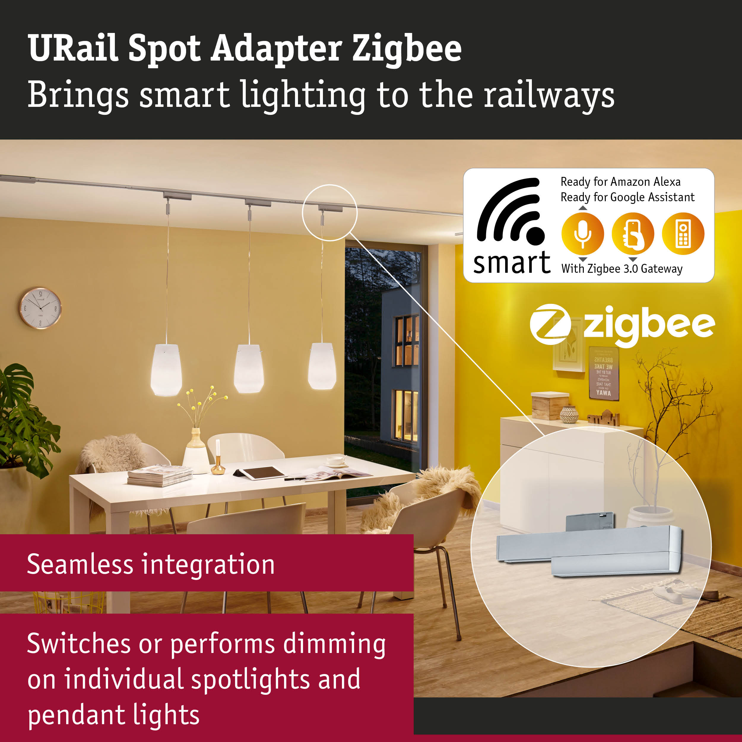 Silver URail Spot Adapter Zigbee for smart lighting control compatible with Alexa and Google Assistant