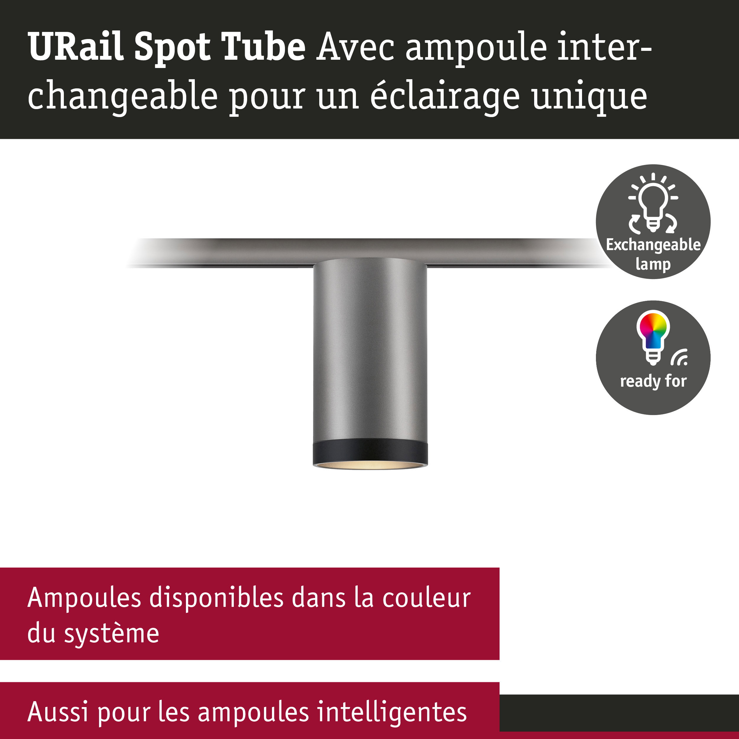 URail Spot sur rail Tube GU10 max. 10W gradable 230V Titanium