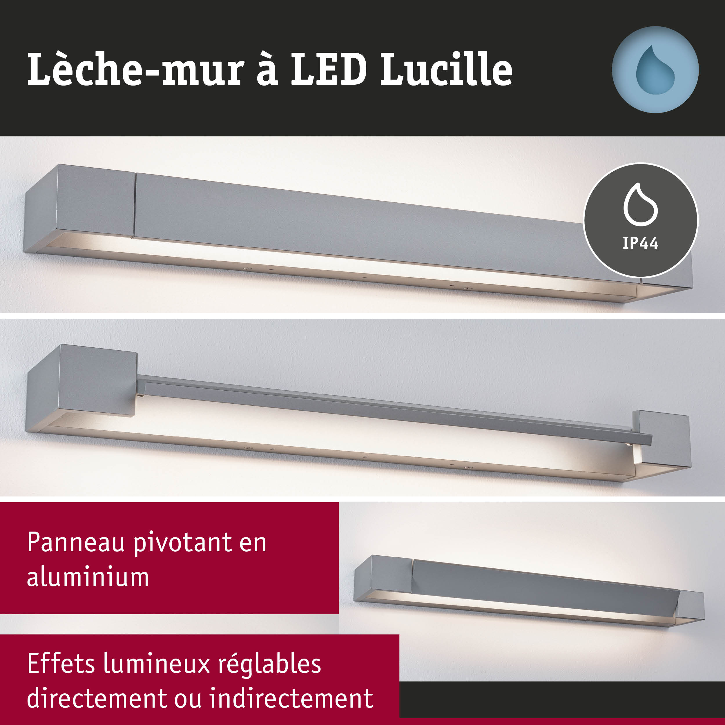 Applique murale LED Lucille en aluminium gris avec indice de protection IP44 pour salle de bain
