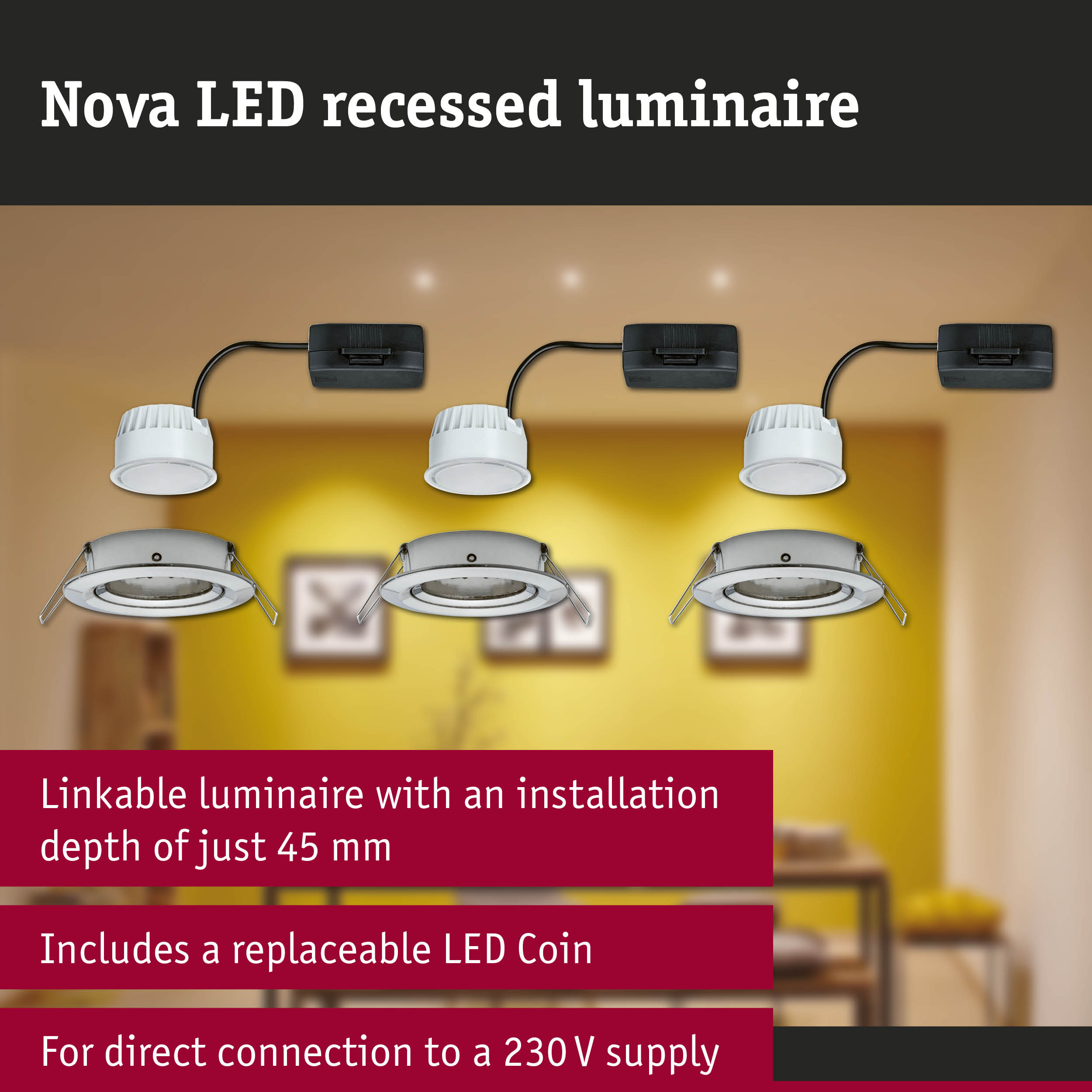Nova white LED recessed downlights with black driver box, energy-efficient LED lighting for home
