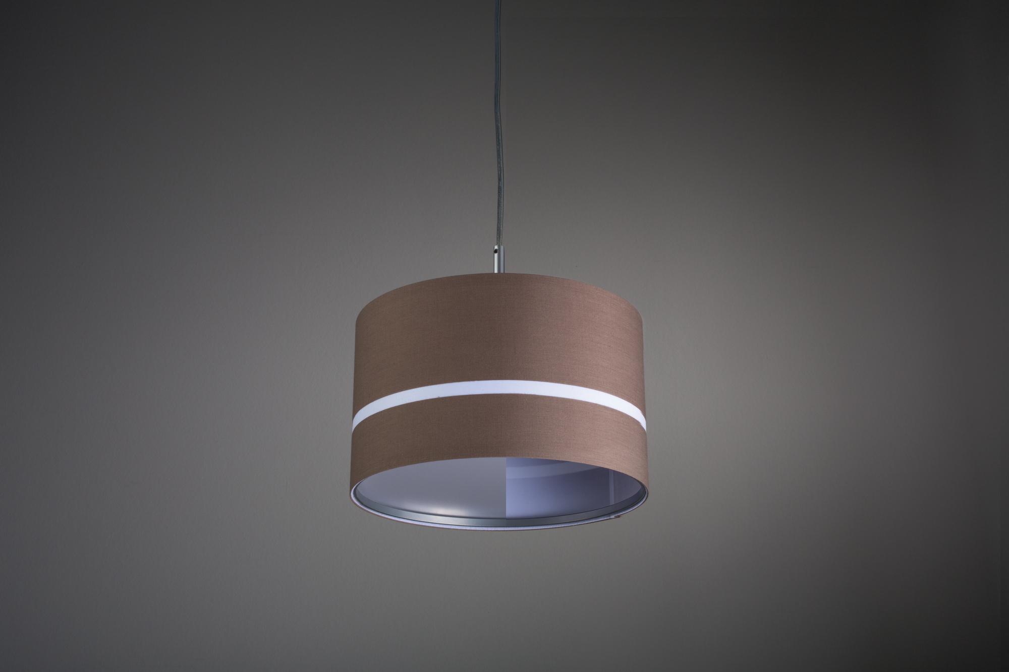 Pendant lamp with brown fabric shade and white light strip, modern home lighting fixture