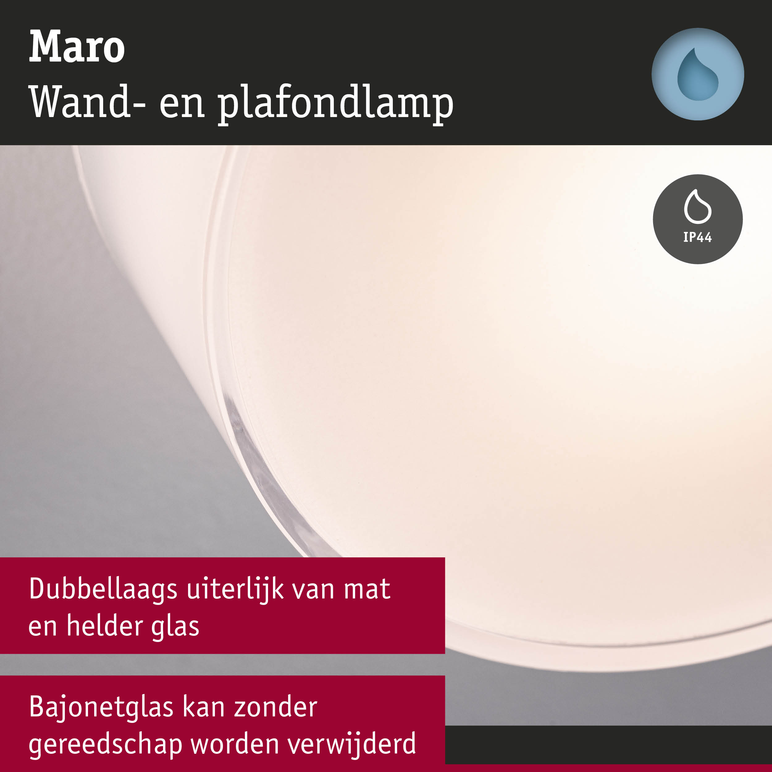 Maro wand- en plafondlamp van mat en helder glas met IP44 beschermingsklasse