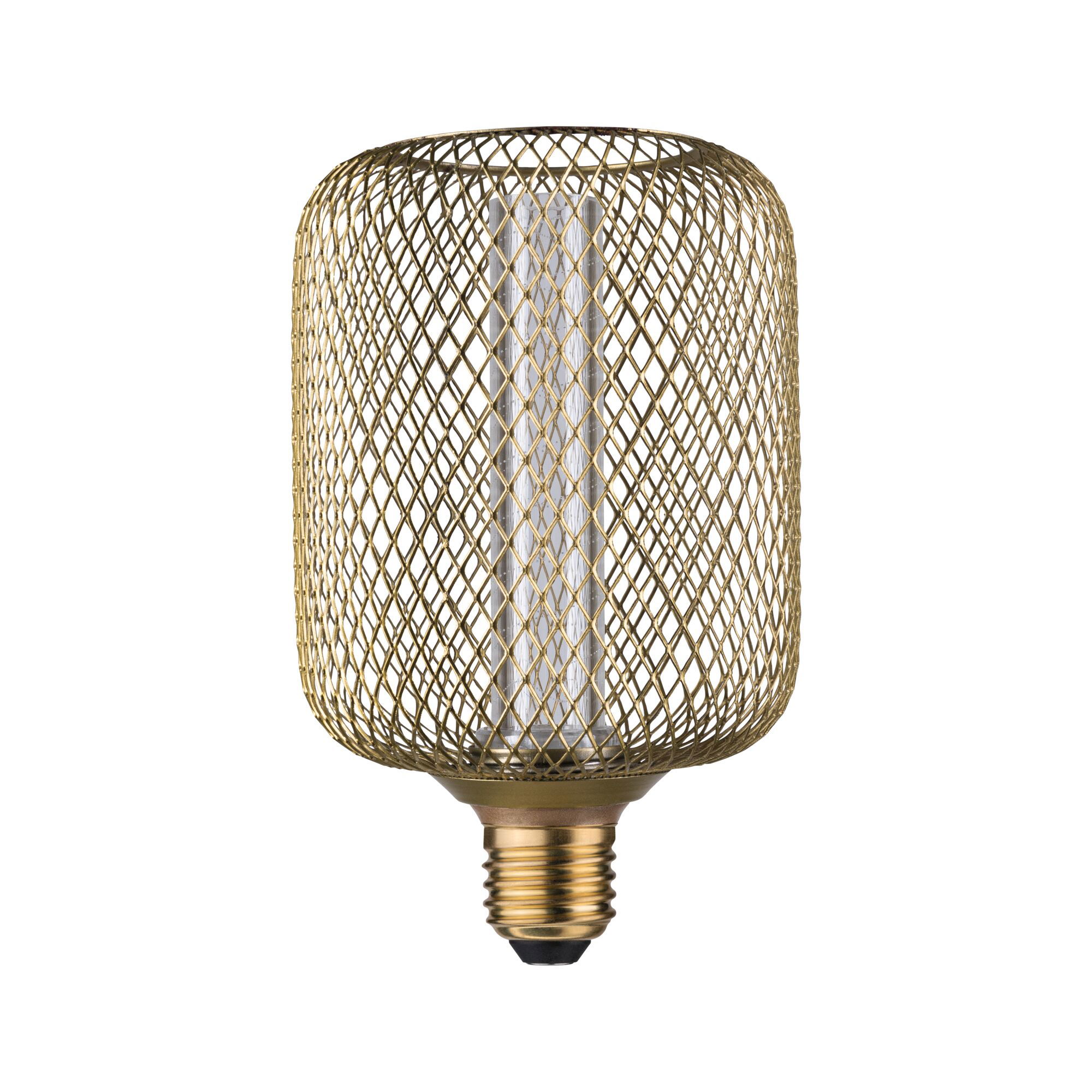 Gold-colored LED bulb with metal mesh and E27 base for decorative lighting