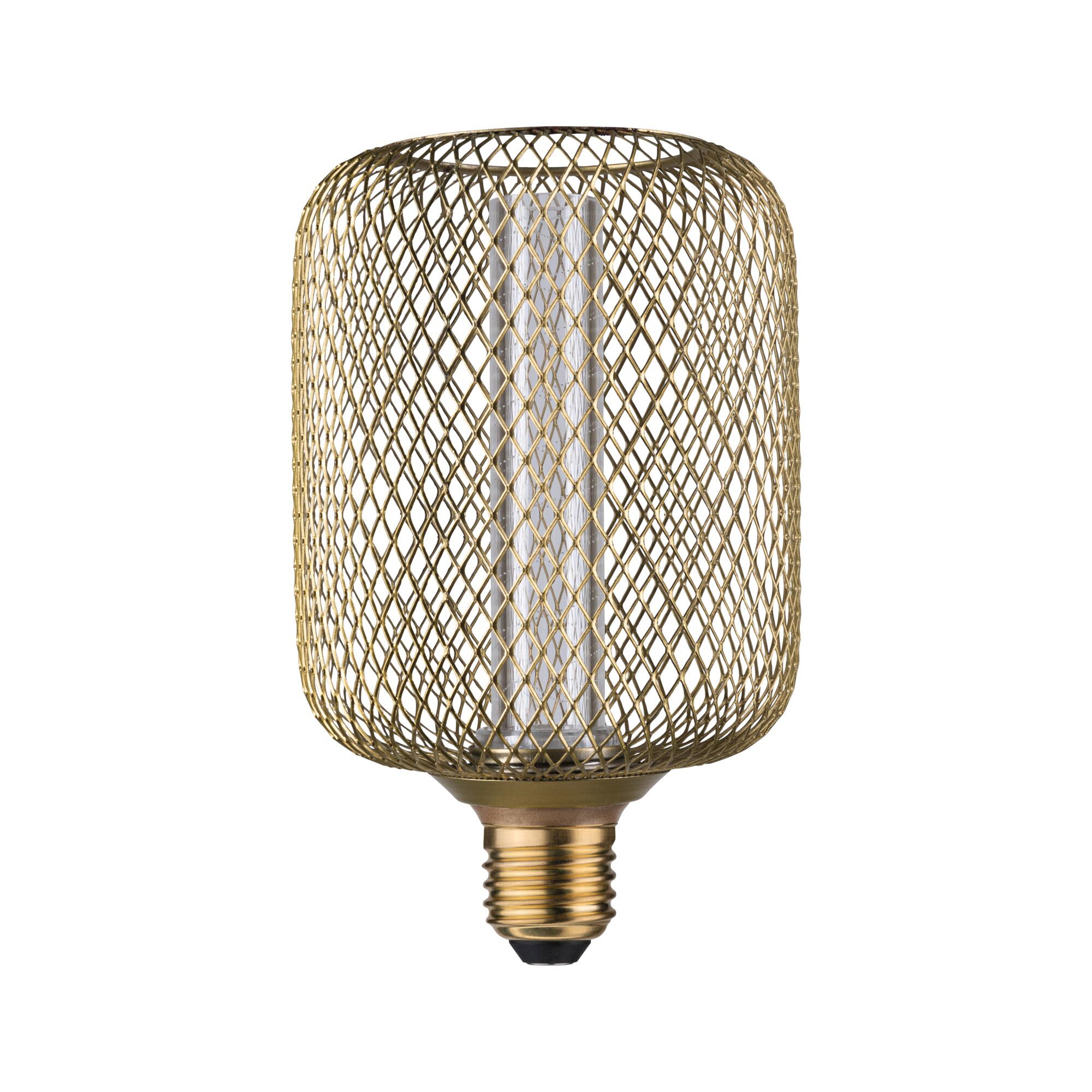 Gold-colored LED bulb with metal mesh and E27 base for decorative lighting