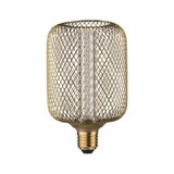 Gold-colored LED bulb with metal mesh and E27 base for decorative lighting