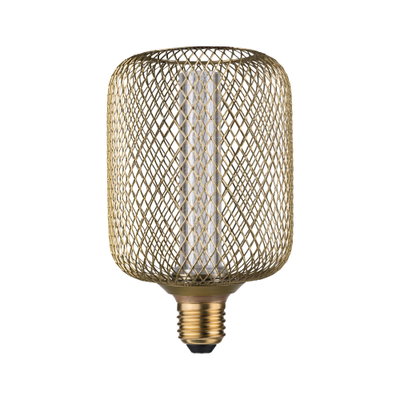 Goldfarbene LED-Lampe mit Metallgitter und E27-Fassung für dekorative Beleuchtung