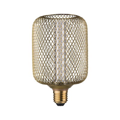 Goldfarbene LED-Lampe mit Metallgitter und E27-Fassung für dekorative Beleuchtung