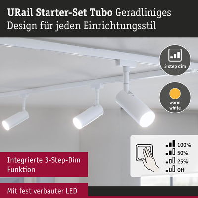 Weißes URail Starter-Set Tubo mit 3-stufig dimmbaren LED-Strahlern in modernem Design