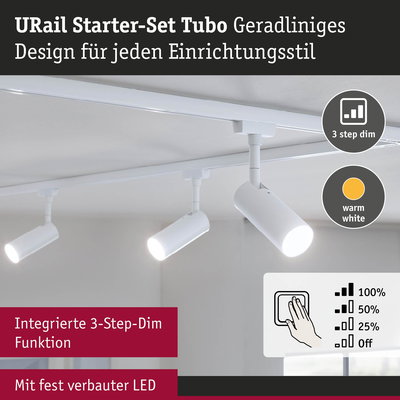 Weißes URail Starter-Set Tubo mit 3-stufig dimmbaren LED-Strahlern in modernem Design