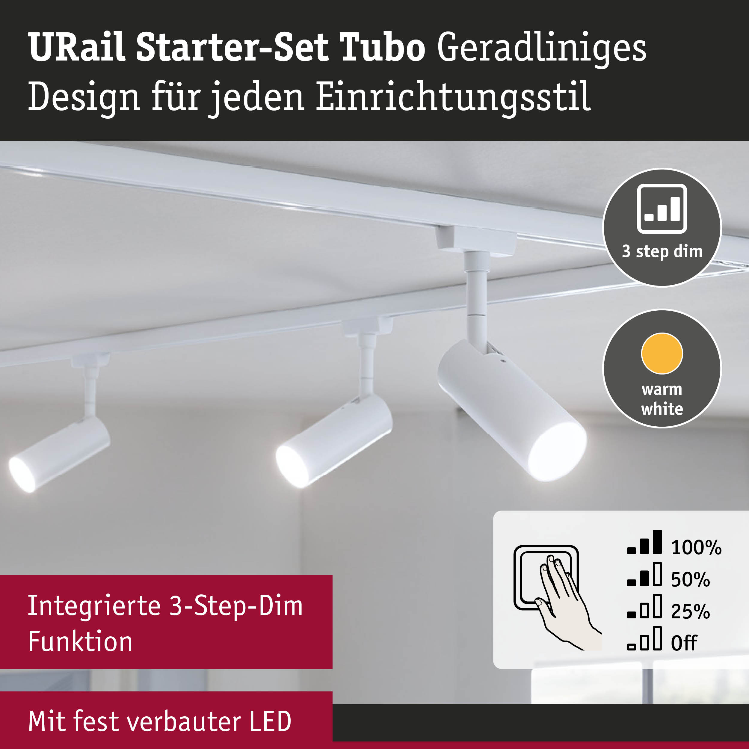 Weißes URail Starter-Set Tubo mit integrierter 3-Stufen-Dimmfunktion und fest verbauter LED für moderne Beleuchtung