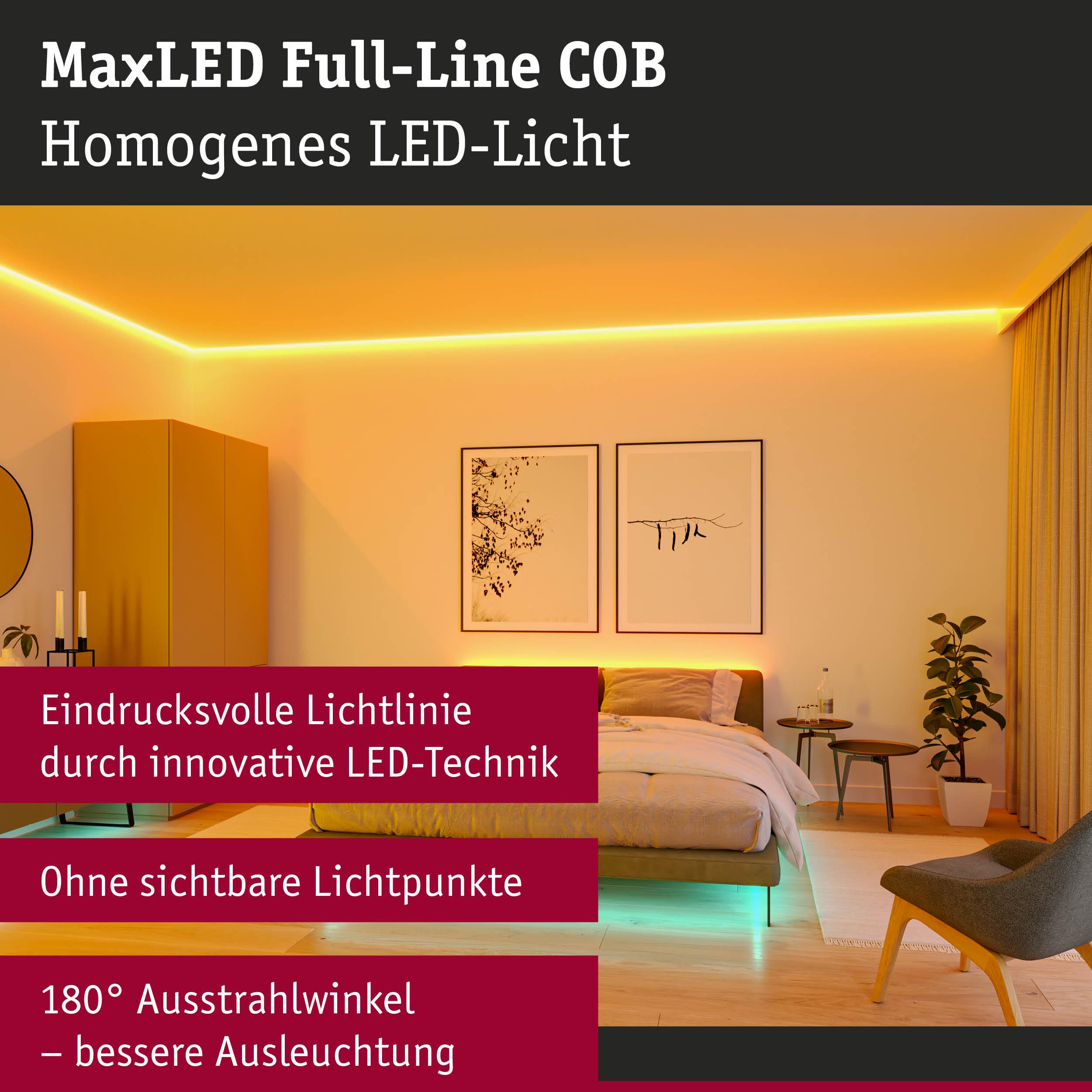 Modernes Schlafzimmer mit MaxLED Full-Line COB LED-Lichtlinie in warmem Gelb für indirekte Beleuchtung
