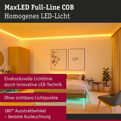 Modernes Schlafzimmer mit MaxLED Full-Line COB LED-Licht in warmweiß und indirekter Beleuchtung