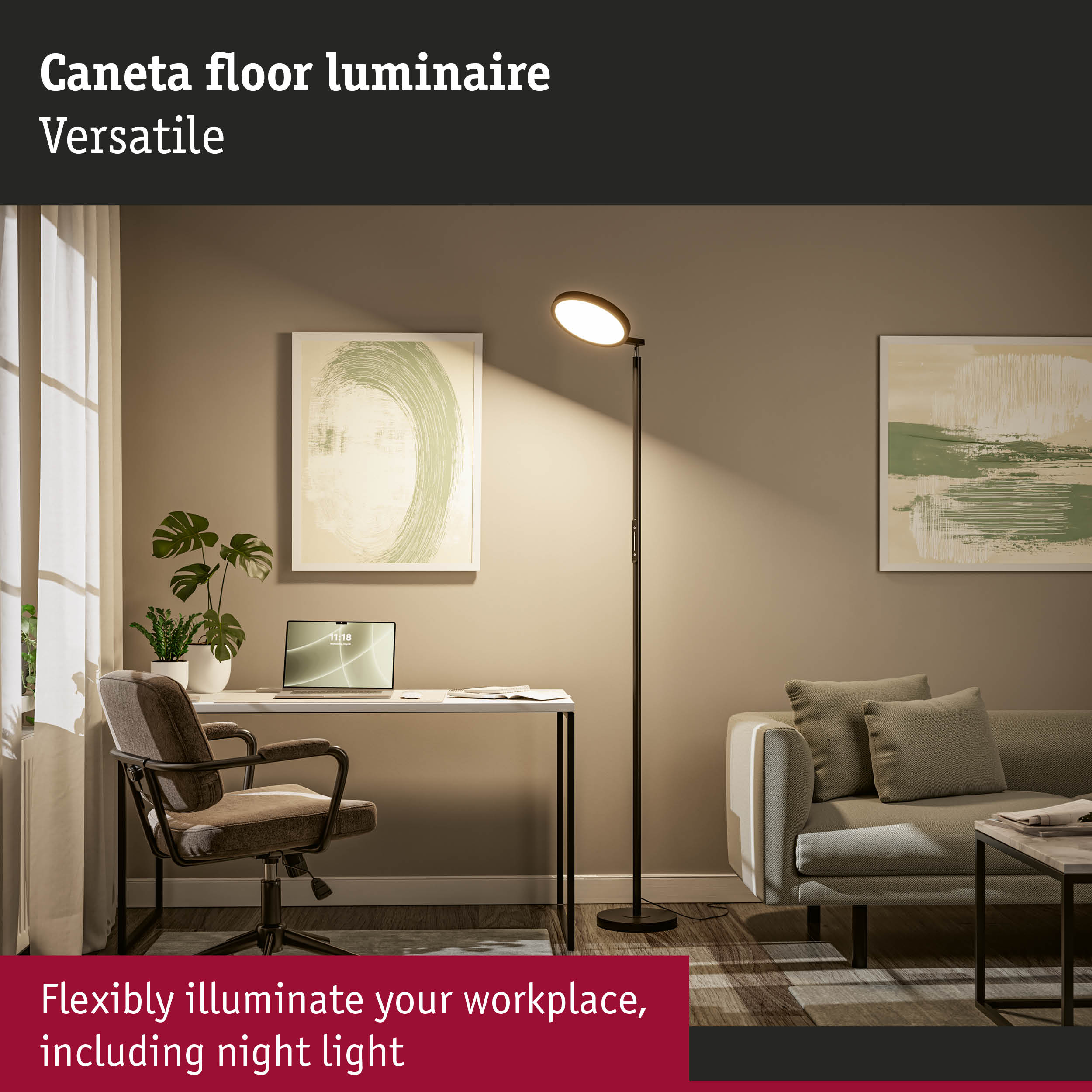 Black Caneta floor lamp with round head illuminating modern home office workspace