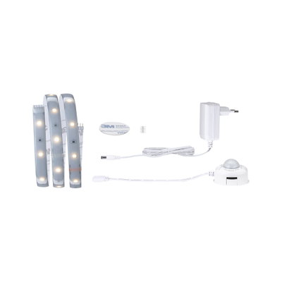 Weißes LED-Lichtband mit Netzteil und Bewegungsmelder für flexible Raumbeleuchtung und Lichtsteuerung
