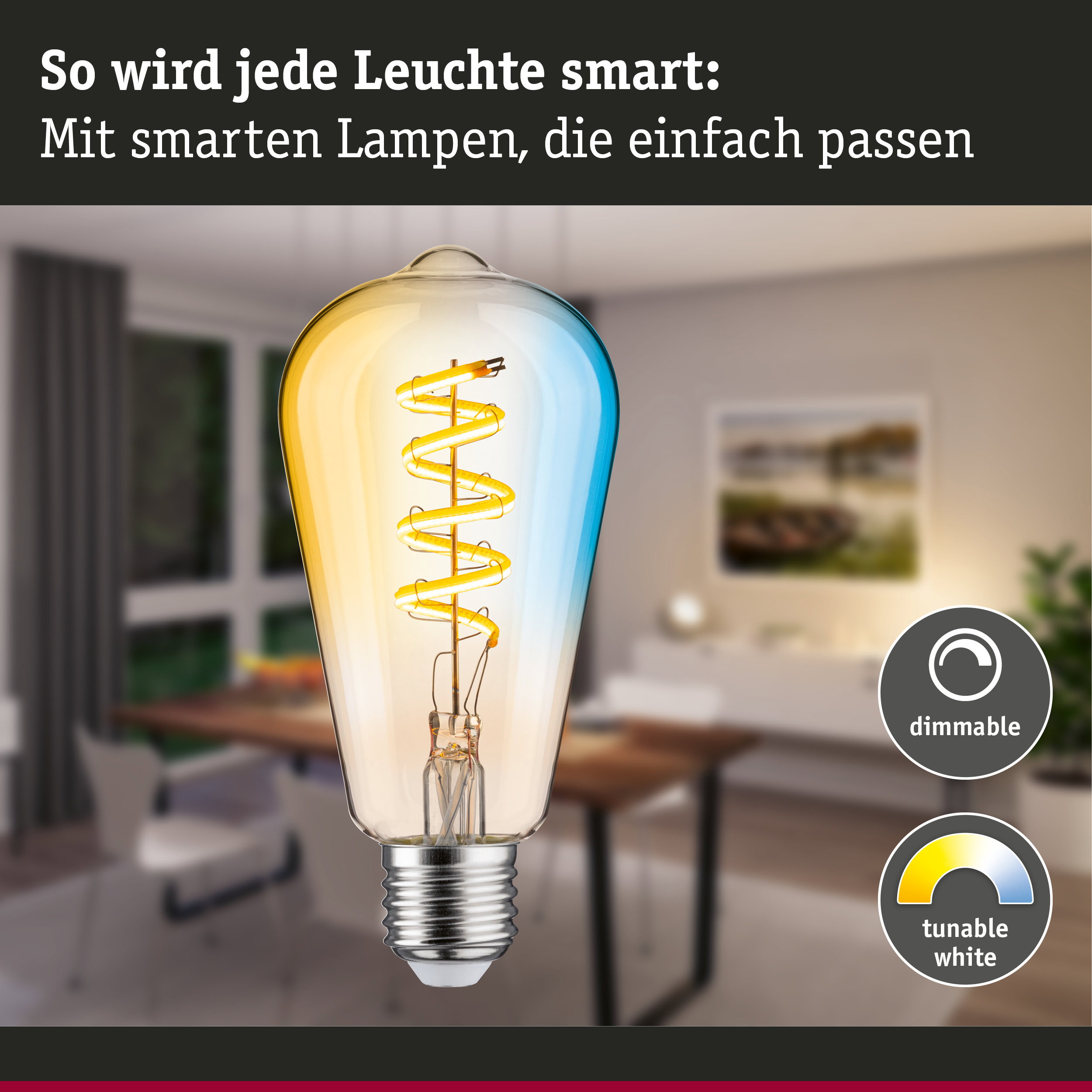 Glühbirne mit dimmbarer, einstellbarer weißer LED-Spirale in moderner Wohnumgebung