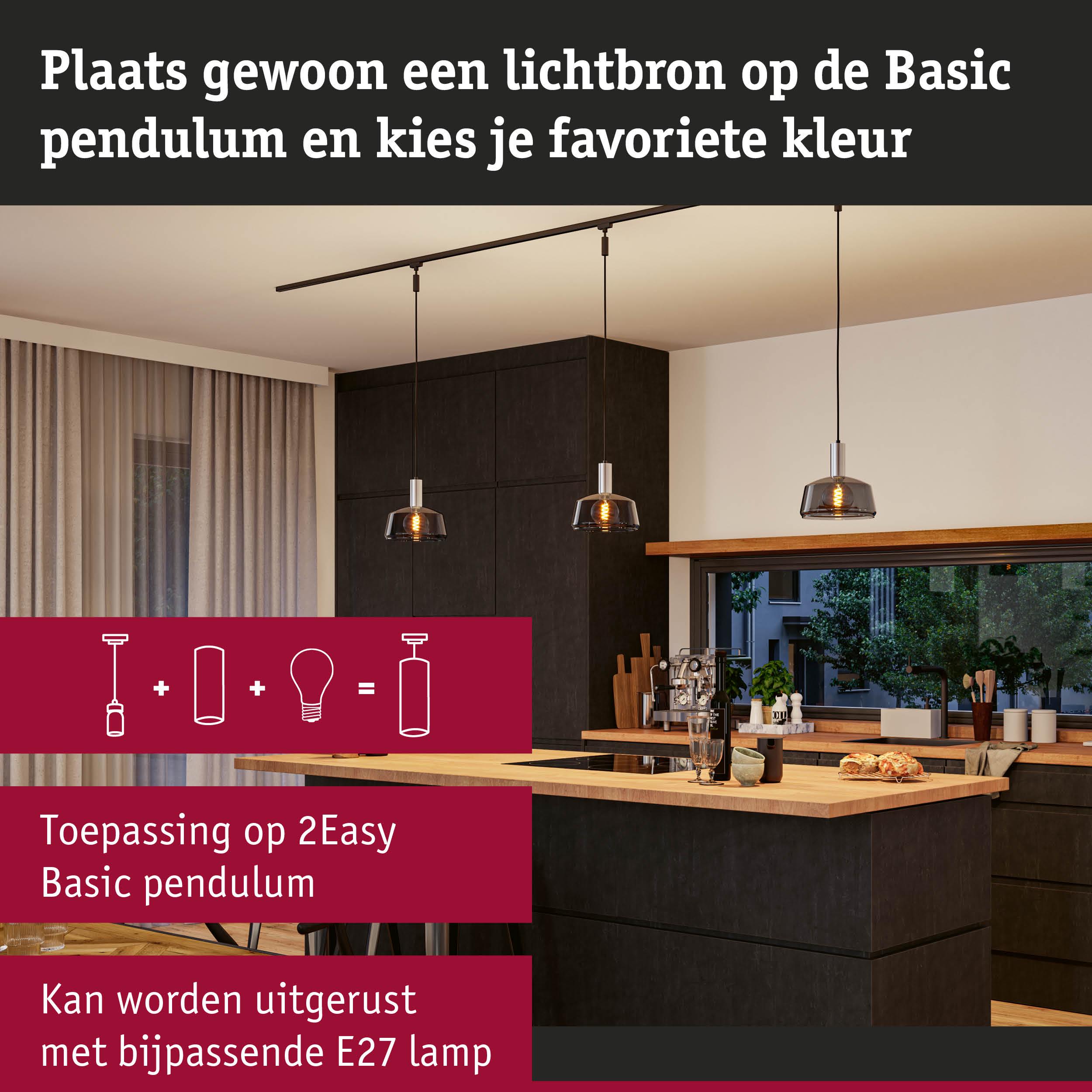 Moderne keuken met Basic Pendulum hanglampen in rookglas en E27 lampen voor stijlvolle verlichting