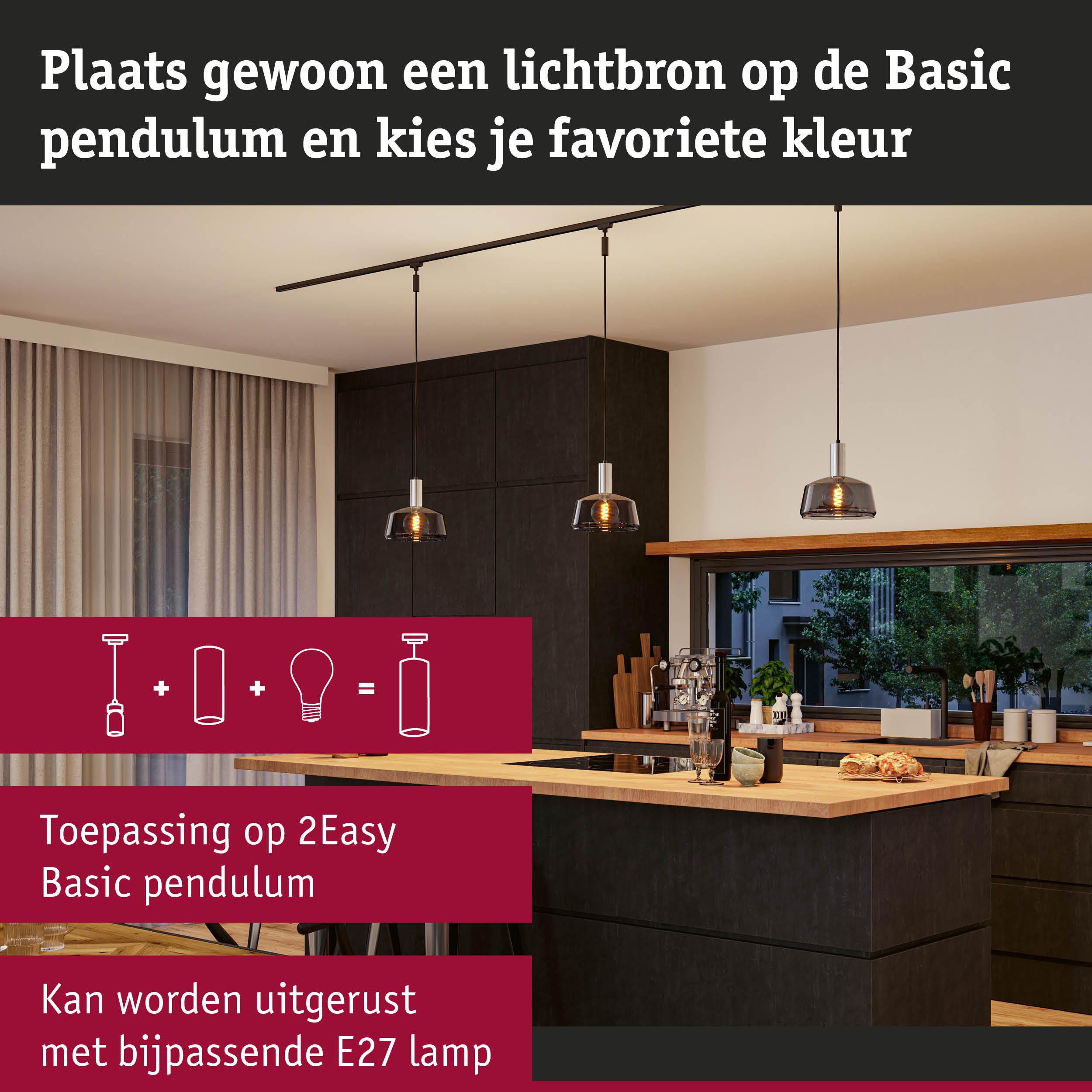 Moderne hanglampen met rookglas en E27-fitting in stijlvolle keukenomgeving
